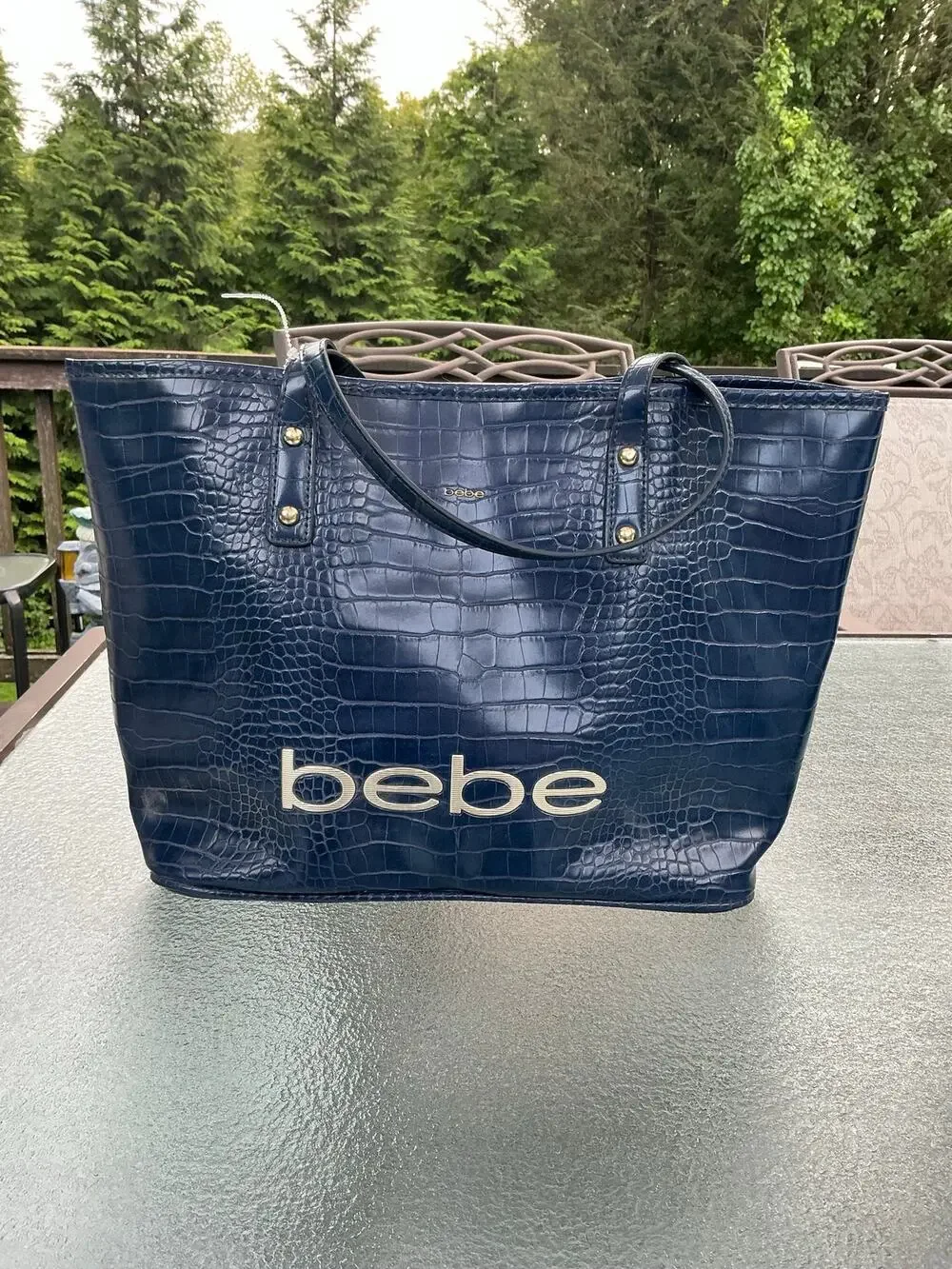 Bebe Navy Croc Embossed Large Tote Bag